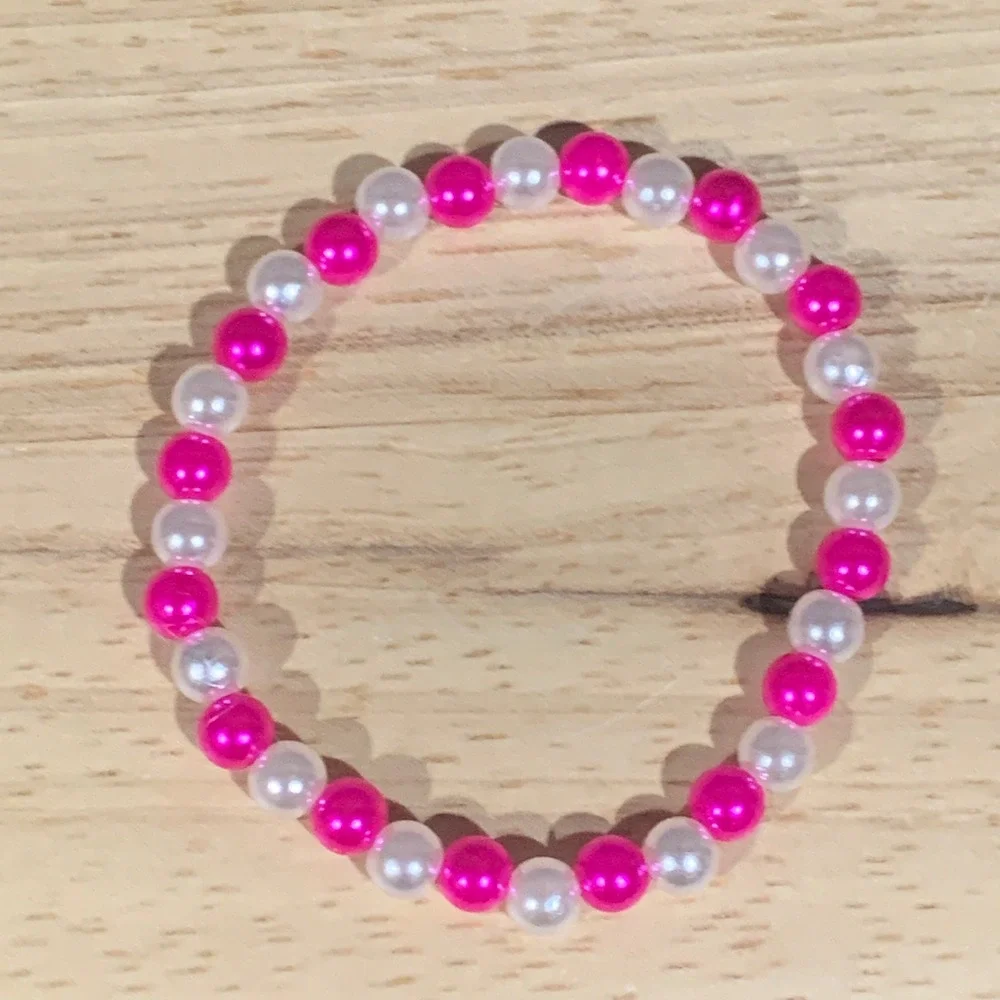 Hand Crafted‎ Pink and White Bracelet Set Of 3 Faux Pearl Beaded Stretch Barbie